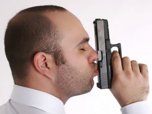 man kissing gun