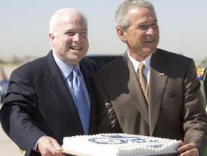 John McCain and George W. Bush with cake