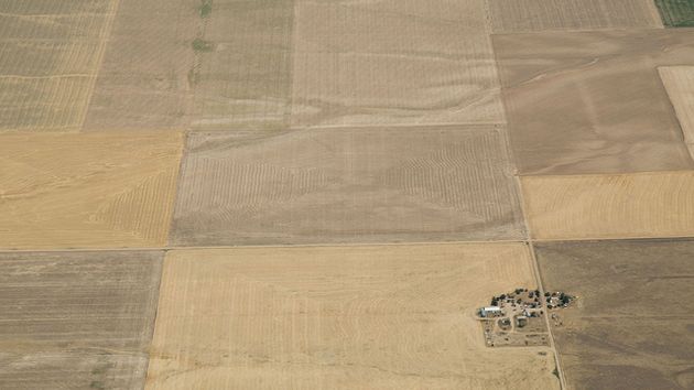 Aerial view of drought-affected farmland near Strasburg, Colorado, on July 21, 2