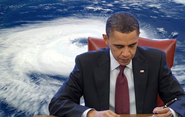 Obama in front of a hurricaine