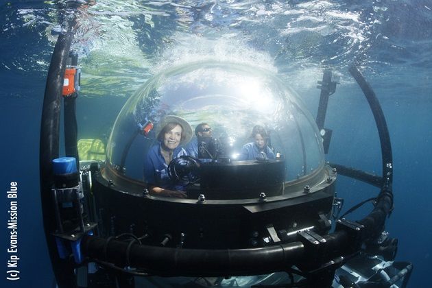 Dr. Sylvia Earle prepares for a dive in the DeepSee submersible - Coiba, Panama.