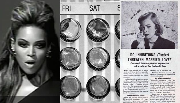 Three panel crop of Beyonce, birth control, Lysol ad