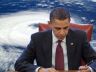 Obama with a hurricaine in the background