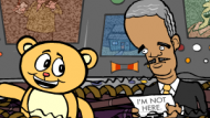 eric holder standing next to a cartoon bear