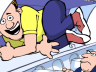 a guy in an overhead baggage container